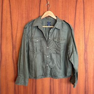 GAP Olive Green Cropped Button-Up Shirt